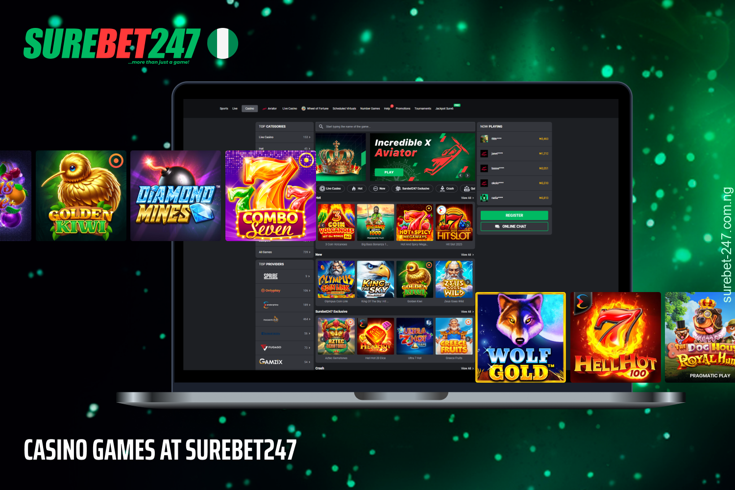 Surebet247 Casino offers slots, table games and live dealers to players from Nigeria