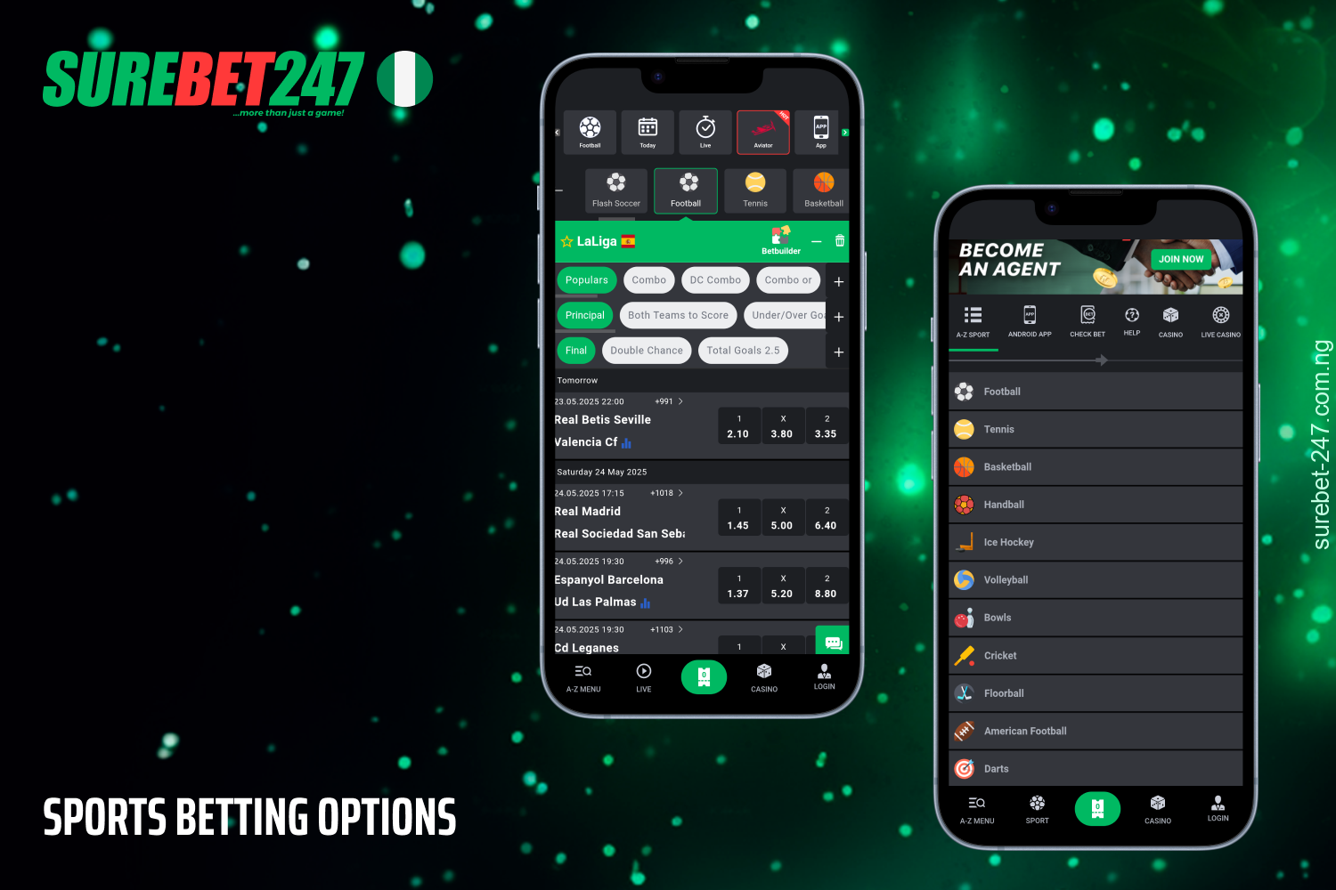 Surebet247 offers over 30 sports betting options with features like accumulators and enhanced odds